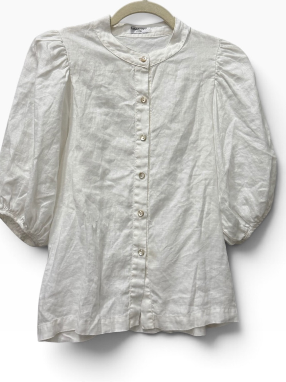 Lanhtropy White 100% Linen Puff Sleeve Button Blouse XS - Picture 2 of 12